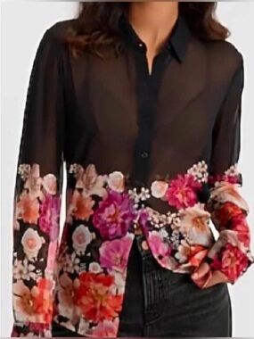 Express Portofino Floral Sheer Button-Up Blouse - Black/Pink